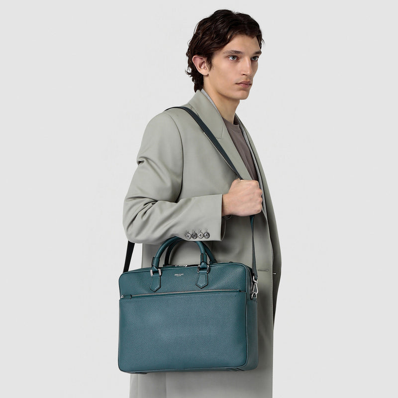 Slim briefcase in cachemire leather - denim blue