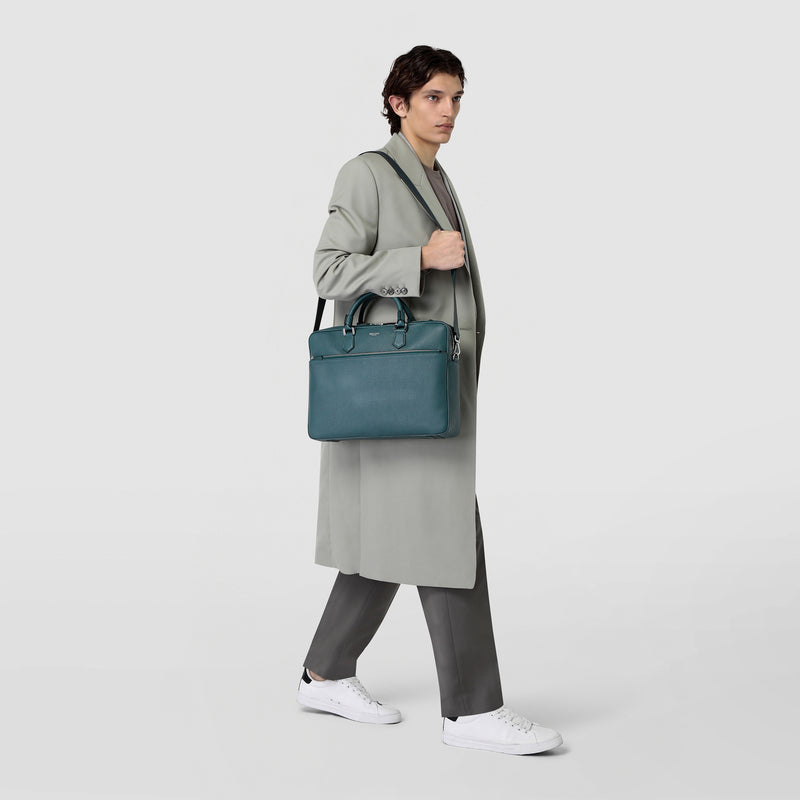 Slim briefcase in cachemire leather - denim blue