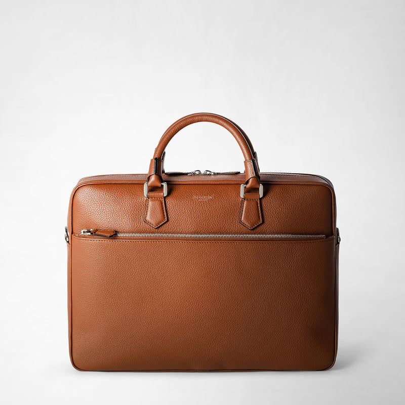 Slim briefcase in cachemire leather - tobacco