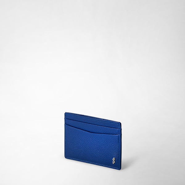 Front view of the 4-CARD HOLDER IN CACHEMIRE LEATHER in Winter Blue, showing elegant Cachemire leather card holder with four card slots and silver logo.