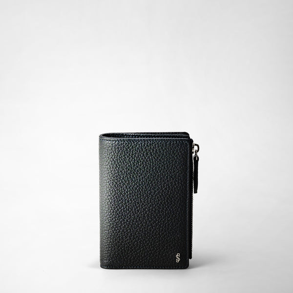 Vertical bifold wallet with zip in cachemire leather - navy blue