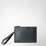 Front view shows the CLUTCH IN CACHEMIRE LEATHER AND MOSAICO: navy blue leather clutch with detachable wrist strap and fine embossed pattern, silver details, compact design.