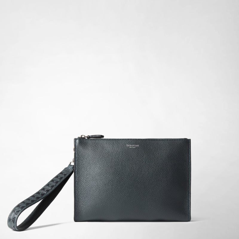 Front view shows the CLUTCH IN CACHEMIRE LEATHER AND MOSAICO: navy blue leather clutch with detachable wrist strap and fine embossed pattern, silver details, compact design.