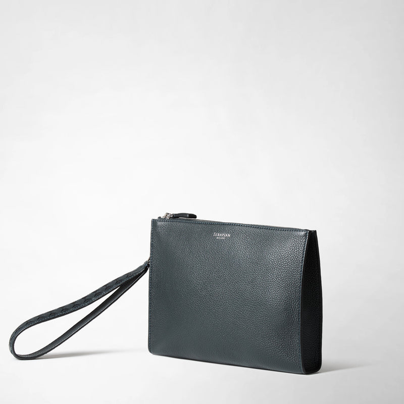 Front view of the CLUTCH IN CACHEMIRE LEATHER AND MOSAICO, a navy blue leather clutch with wrist handle and visible silver &#39;SERAPIAN&#39; logo on the front.