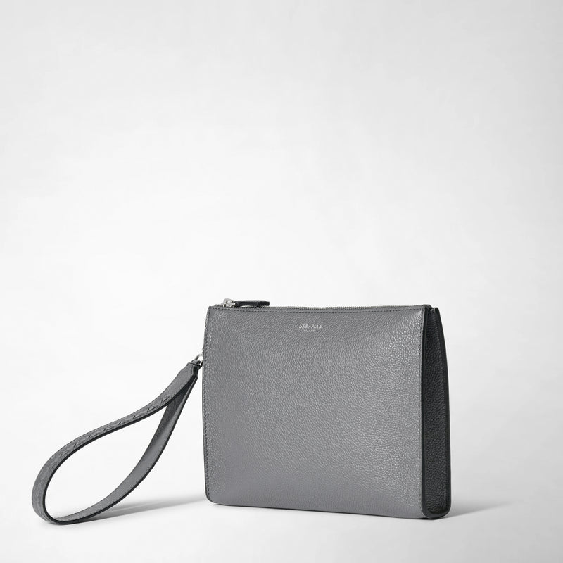 Frontal view: CLUTCH IN CACHEMIRE LEATHER AND MOSAICO shows a sleek gray clutch with a wrist strap resting to the side. Visible text: SERAPIAN.