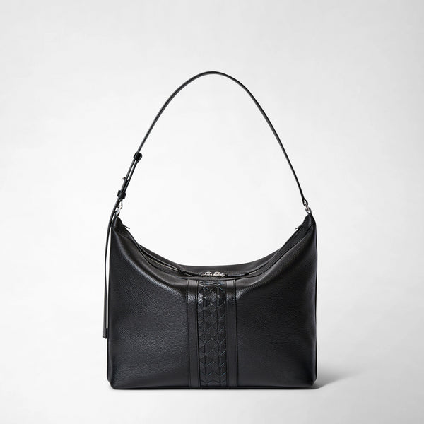 Frontal view: ANI SHOULDER BAG IN CACHEMIRE LEATHER AND MOSAICO features a black shoulder bag with a central Mosaico leather detail and an adjustable strap.