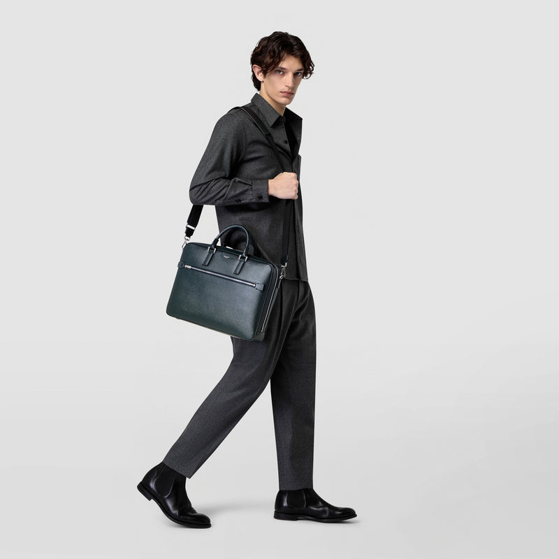 Slim briefcase in evoluzione leather - navy blue