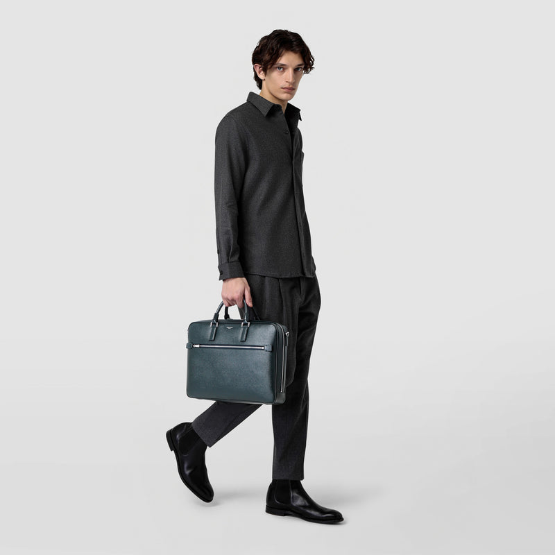Slim briefcase in evoluzione leather - navy blue