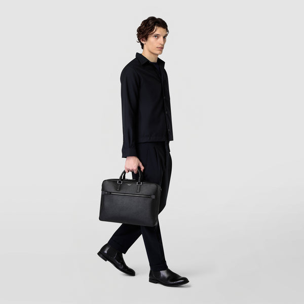 Slim briefcase in evoluzione leather - eclipse black