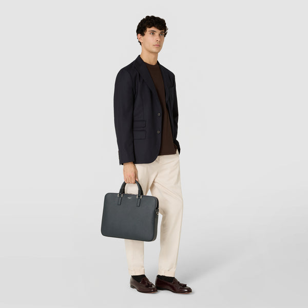 Slim briefcase with double zip in evoluzione leather - navy blue
