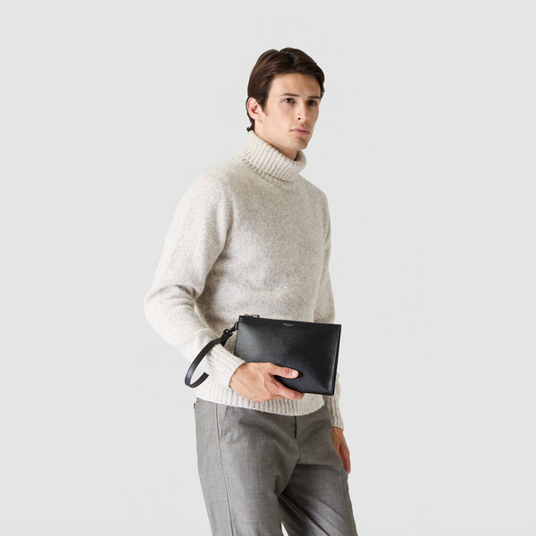 Pouch with zip in evoluzione leather - black eclipse
