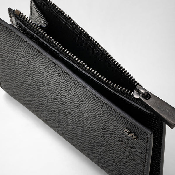 Front view of the VERTICAL BIFOLD WALLET WITH ZIP IN EVOLUZIONE LEATHER in Eclipse Black, opened with visible zip and textured leather.