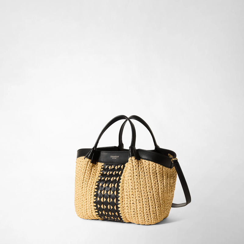 Mini secret bag in raffia intrecci - natural/black