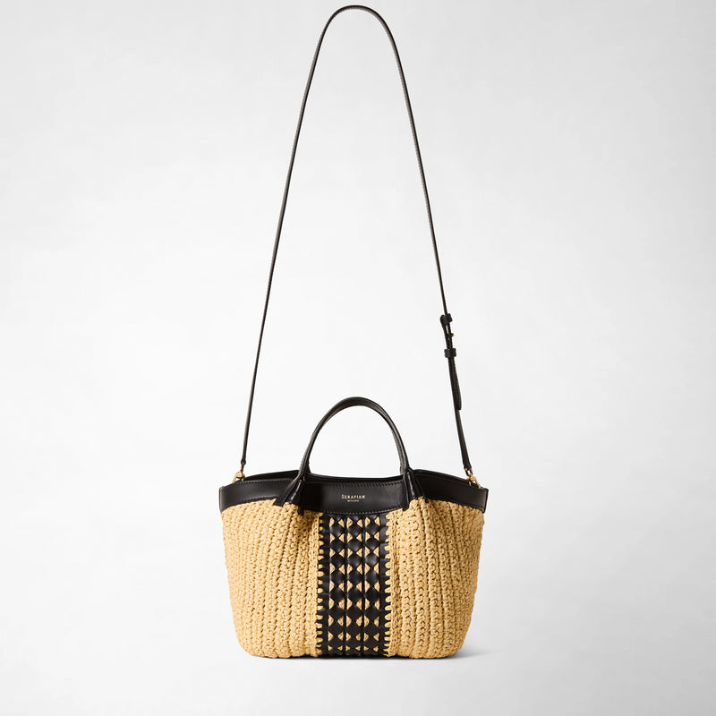 Mini secret bag in raffia intrecci - natural/black