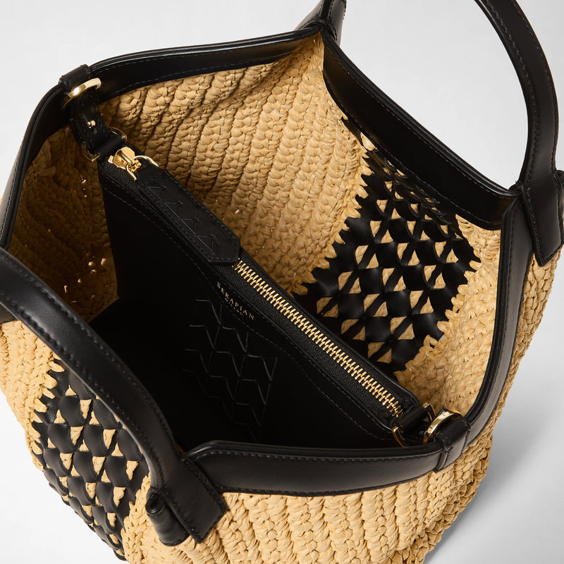 Mini secret bag in raffia intrecci - natural/black