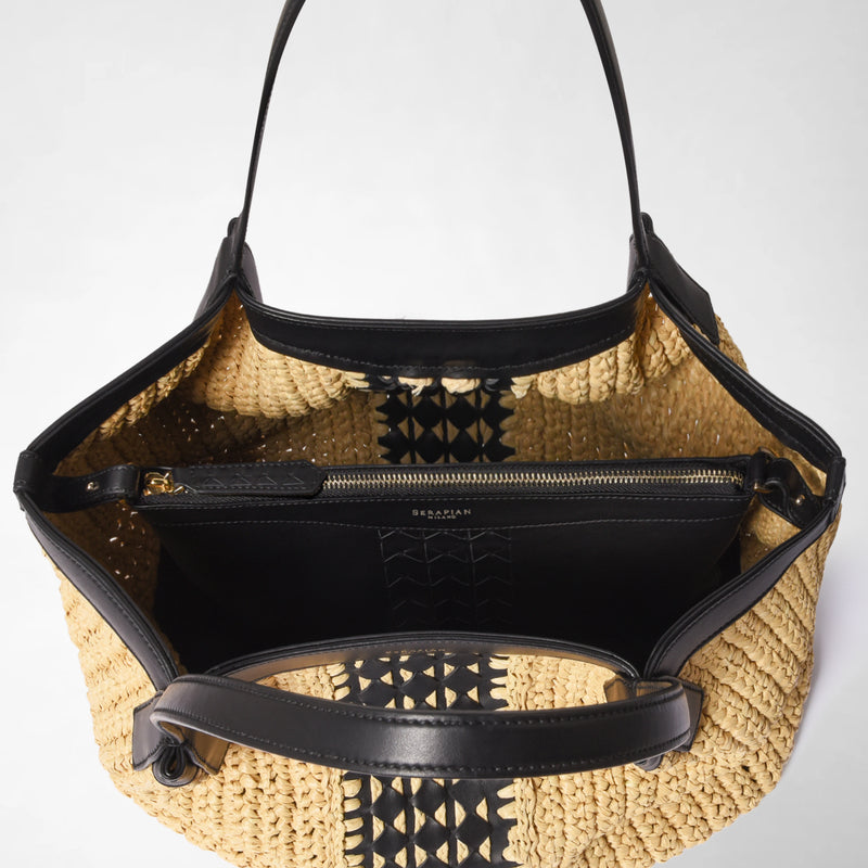 Secret tote bag in raffia intrecci - natural/black