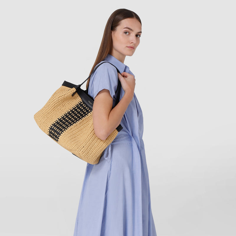 Secret tote bag in raffia intrecci - natural/black