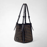 Detail view: BUCKET IN MOSAICO MESTIERI D'ARTE stands against a light background; black leather with gold-colored mosaic weaving and long knotted shoulder straps define the bag.