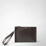 Front view: CLUTCH IN MOSAICO features a geometric Mosaico pattern, a zipper, and a long wrist strap; “SERAPIAN MILANO” is centered.