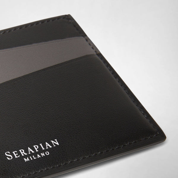 Front view of a black 5-Card Holder in Mosaico with handcrafted graphic details and visible &#39;SERAPIAN MILANO&#39; lettering in white.