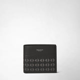 Frontal view: 6-CARD BILLFOLD WALLET IN MOSAICO displays a black leather wallet with geometric hand-woven Mosaico pattern and the text 'SERAPIAN MILANO' on the upper front.