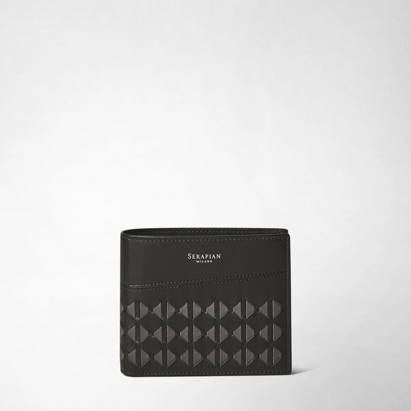 Frontal view: 6-CARD BILLFOLD WALLET IN MOSAICO displays a black leather wallet with geometric hand-woven Mosaico pattern and the text &#39;SERAPIAN MILANO&#39; on the upper front.