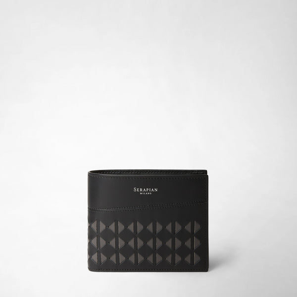 Front view of 3-CARD BILLFOLD WALLET WITH COIN POUCH in black, made from textured leather with handwoven Mosaico pattern. Front features text: SERAPIAN MILANO.