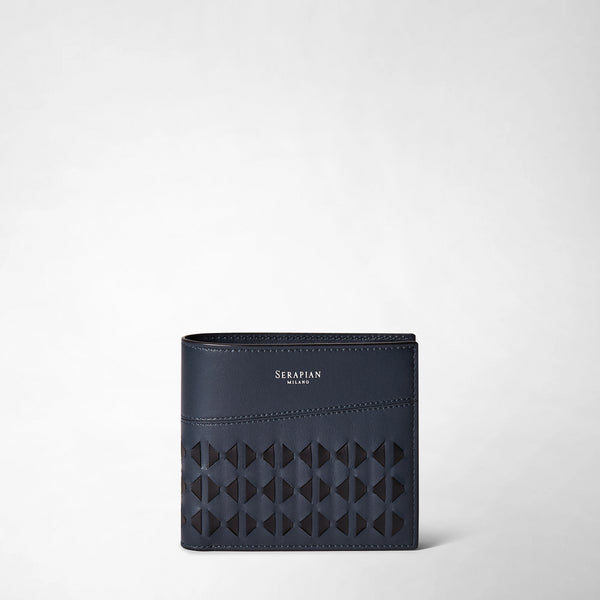 Frontal view: 3-CARD BILLFOLD WALLET WITH COIN POUCH IN MOSAICO made of navy blue leather, features geometric hand-woven detailing and silver text &#39;SERAPIAN MILANO&#39; on front.