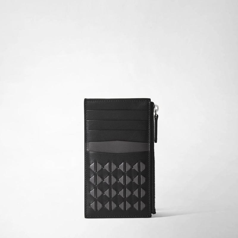 Frontal view: ZIP CARD CASE IN MOSAICO features a slim black card case with multiple card slots and a geometric hand-woven Mosaico textured detail, plus a zipper on the right edge.