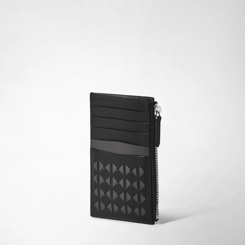 Three-quarter frontal view: ZIP CARD CASE IN MOSAICO features a slim black card case with multiple card slots, a zippered edge, and distinctive hand-woven Mosaico pattern detail.