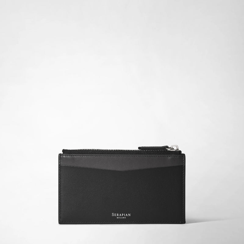 Frontal view: ZIP CARD CASE IN MOSAICO displays a slim black card case with a top zippered pocket, front card slot, and &#39;SERAPIAN MILANO&#39; branding on the bottom.