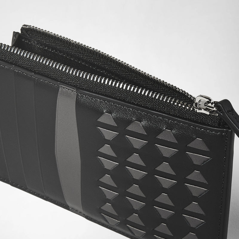 Detail view: ZIP CARD CASE IN MOSAICO shows a black card case with geometric hand-woven Mosaico pattern, card slots, and a zippered pocket seen from above.