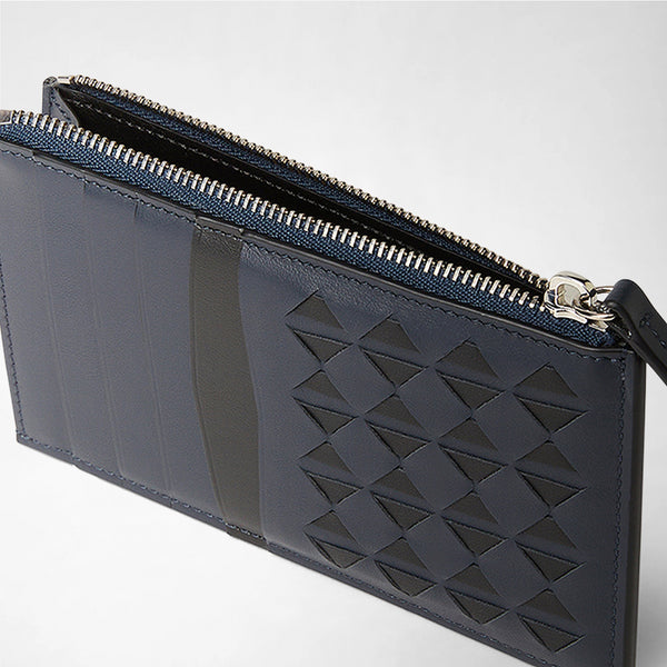 Detail view: ZIP CARD CASE IN MOSAICO displays a navy blue card case with a silver zipper, featuring geometric hand-woven mosaico pattern and card slots.