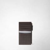 Front view: ZIP CARD CASE IN MOSAICO shows card slots, a light blue stripe, and embossed geometric patterns; the side zipper complements the slim case against a light background.