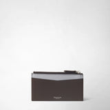 Front view: ZIP CARD CASE IN MOSAICO with a dark brown panel and an ice-blue stripe on a light background; zipper at the top. Printed text: “SERAPIAN MILANO”.