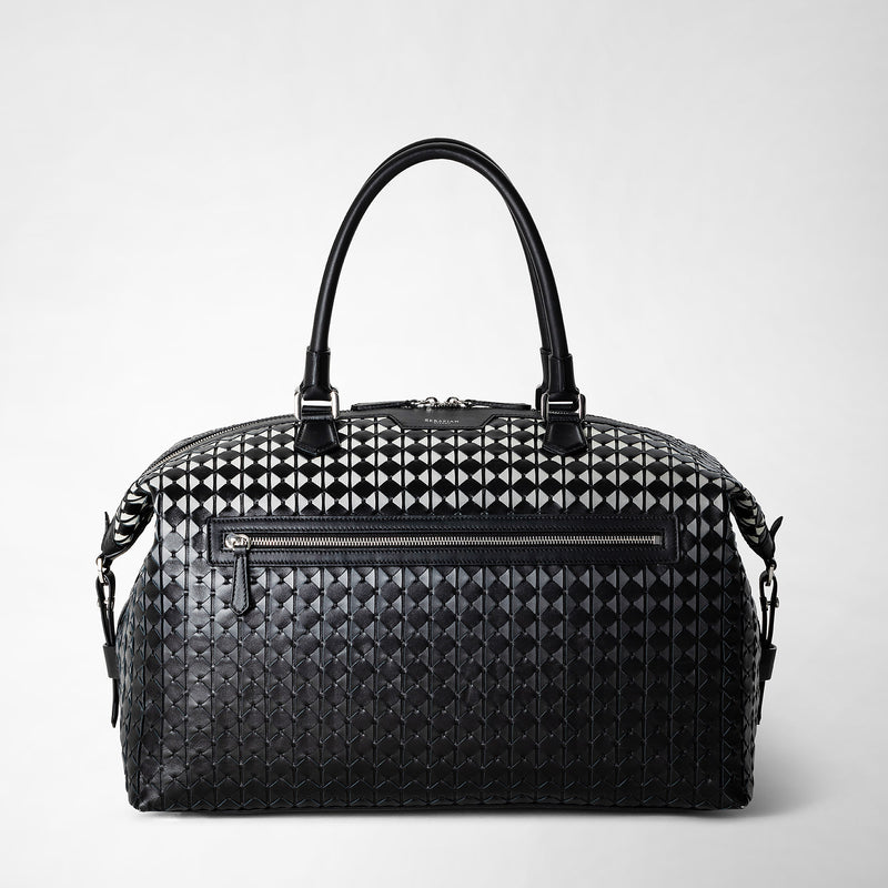 Front view of the TRAVEL BAG IN MOSAICO, an elegant black travel bag made of Chiaroscuro Mosaico nappa leather with woven pattern, top handles, and front zip pocket.