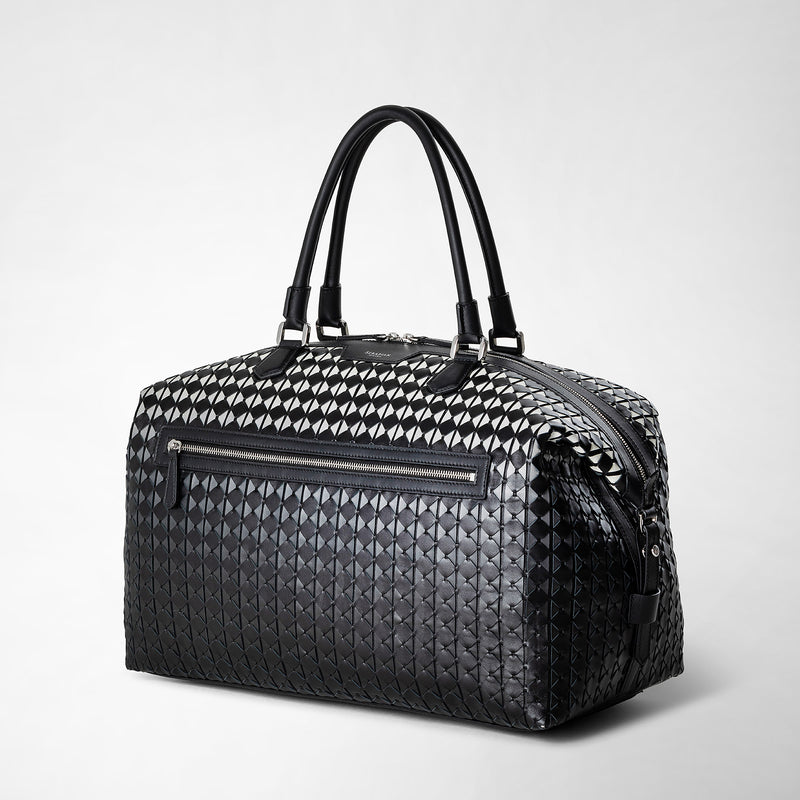 Front view: TRAVEL BAG IN MOSAICO with black handles, geometric pattern, and front zipper; made of Chiaroscuro Mosaico nappa leather.