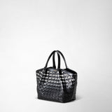 Three-quarter view: MINI SECRET BAG IN MOSAICO features a petite black leather tote with a distinctive woven mosaic pattern and two sturdy handles.