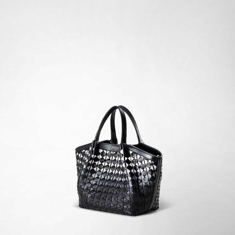 Three-quarter view: MINI SECRET BAG IN MOSAICO features a petite black leather tote with a distinctive woven mosaic pattern and two sturdy handles.