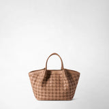 Front view: MINI SECRET BAG IN MOSAICO is shown with two short handles against a light background; sandalwood-colored woven leather features a geometric pattern. “SERAPIAN MILANO” appears on the bag.