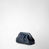Frontal view: SECRET CLUTCH BAG IN MOSAICO features a unique midnight blue nappa leather clutch with a geometric woven pattern and structured frame against a plain background.