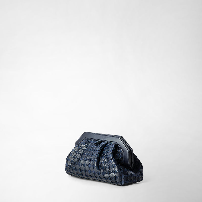 Frontal view: SECRET CLUTCH BAG IN MOSAICO features a unique midnight blue nappa leather clutch with a geometric woven pattern and structured frame against a plain background.