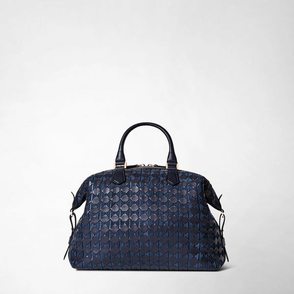 Frontal view: ANI BAG IN MOSAICO shows a structured, medium-sized midnight blue leather handbag with a distinct woven pattern, two top handles, and subtle gold accents.