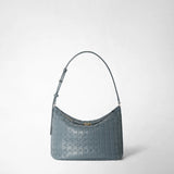 Front view of the SMALL ANI SHOULDER BAG IN MOSAICO in Storm Blue featuring signature woven Mosaico leather, adjustable shoulder strap, and elegant compact design.