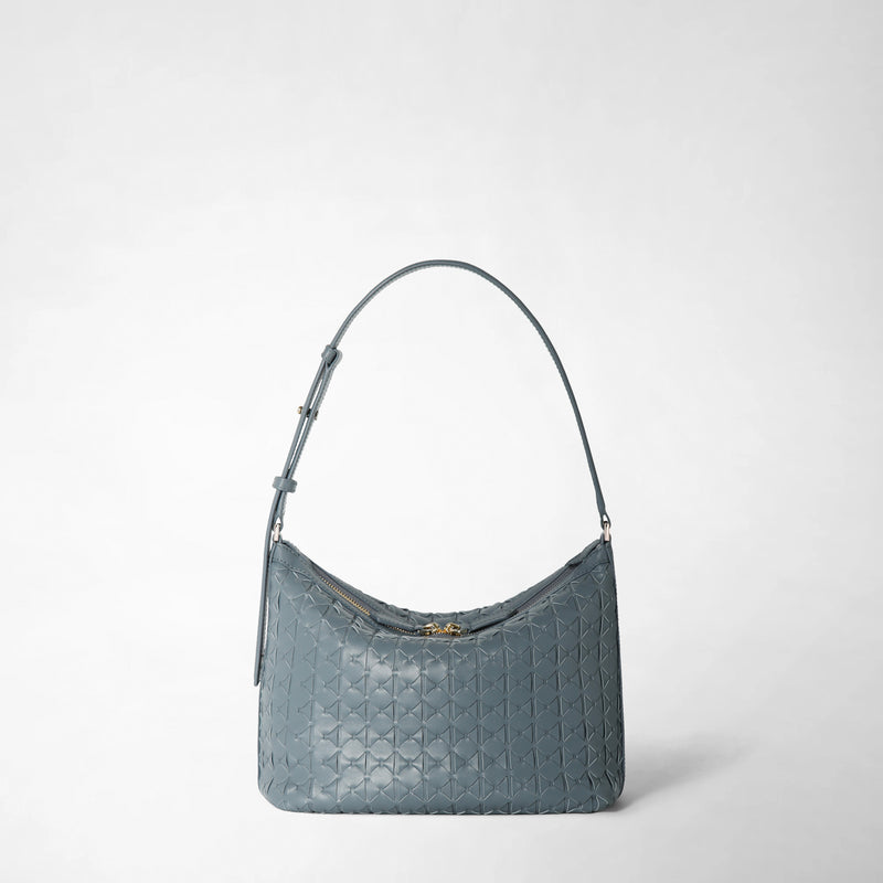 Front view of the SMALL ANI SHOULDER BAG IN MOSAICO in Storm Blue featuring signature woven Mosaico leather, adjustable shoulder strap, and elegant compact design.