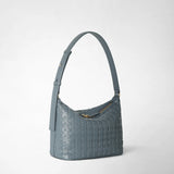 Front view: SMALL ANI SHOULDER BAG IN MOSAICO shows a compact, storm blue shoulder bag with woven Mosaico leather and golden zipper.