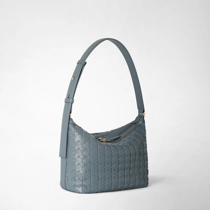 Front view: SMALL ANI SHOULDER BAG IN MOSAICO shows a compact, storm blue shoulder bag with woven Mosaico leather and golden zipper.