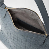 Front view of the SMALL ANI SHOULDER BAG IN MOSAICO in Storm. Open bag with gold zipper, textured Mosaico leather, and visible interior lining. Visible lettering: SERAPIAN MILANO.