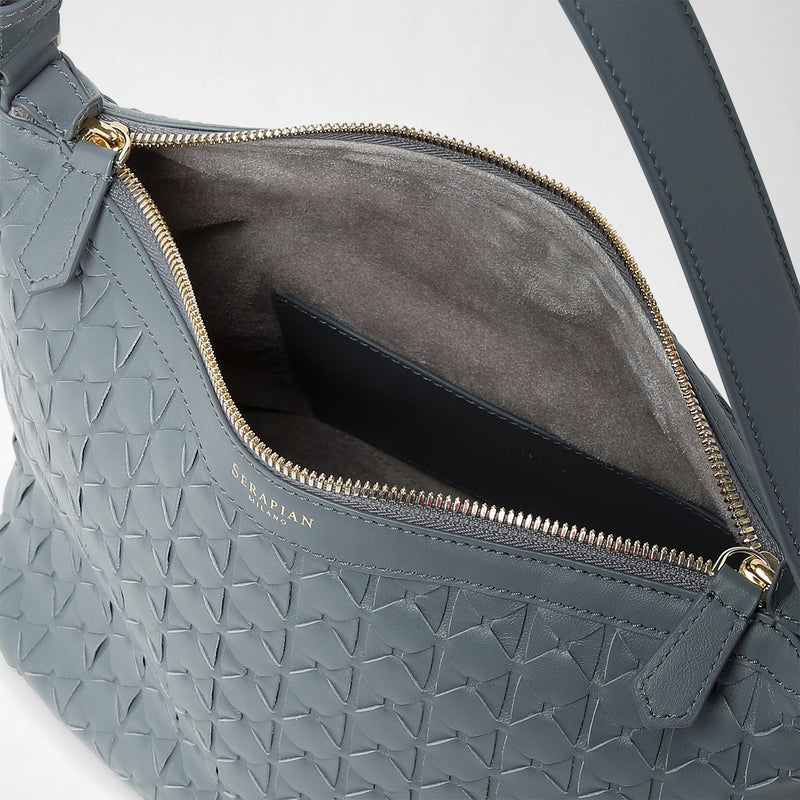 Front view of the SMALL ANI SHOULDER BAG IN MOSAICO in Storm. Open bag with gold zipper, textured Mosaico leather, and visible interior lining. Visible lettering: SERAPIAN MILANO.