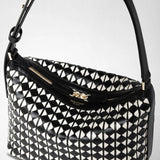 Detail view: SMALL ANI SHOULDER BAG IN MOSAICO features a black and off-white woven leather pattern, gold zipper, and 'SERAPIAN MILANO' text in gold on the front.